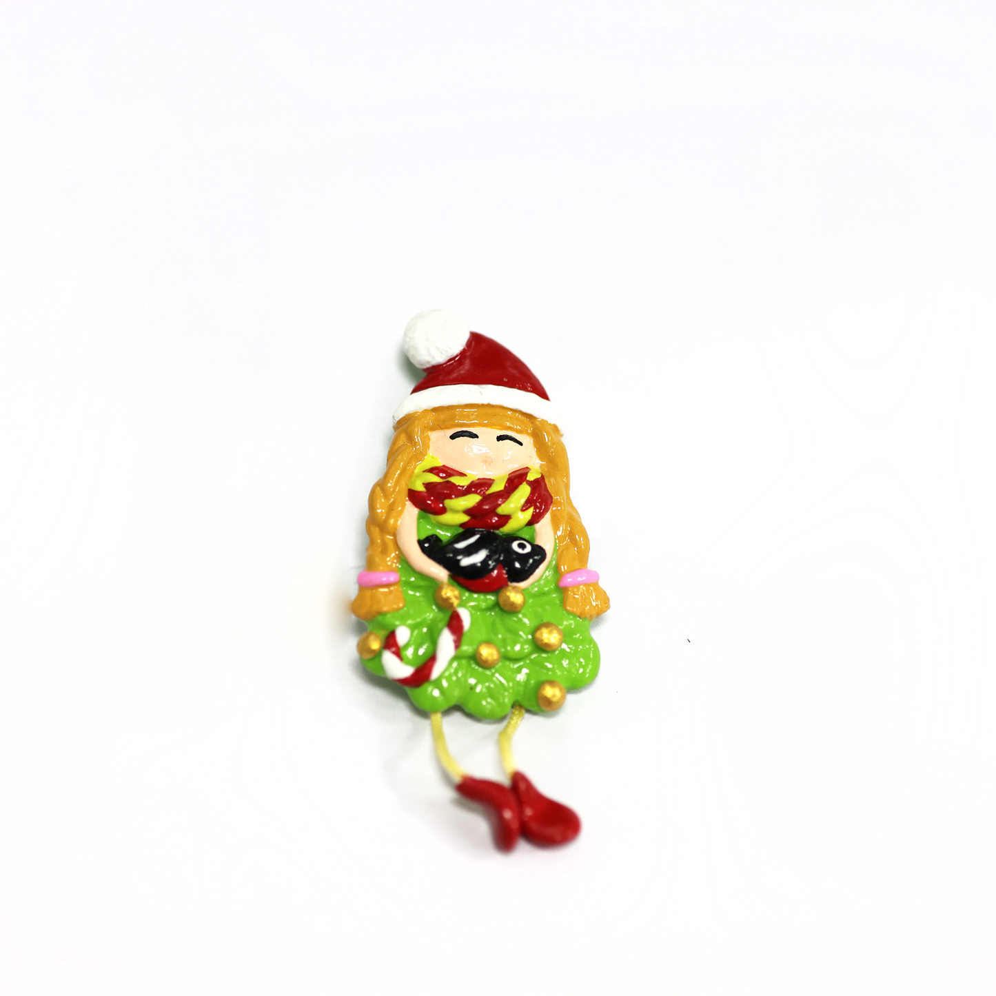 Polymer Clay Elf Girl Brooch – Handmade Christmas Lapel Pin