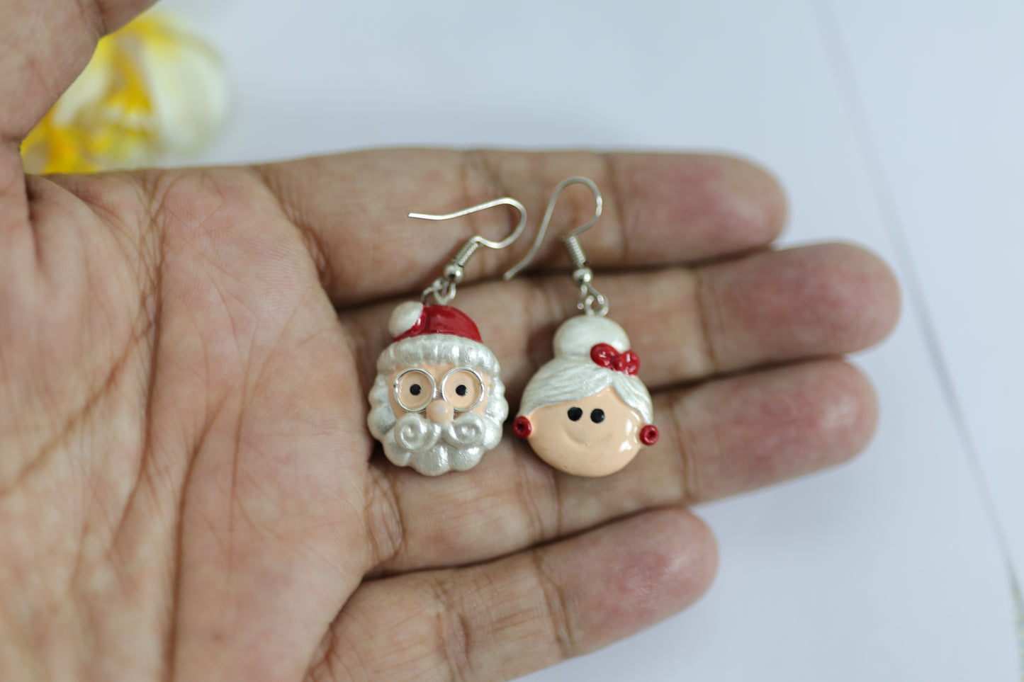 Polymer Clay Christmas Dangle Earrings, Mr and Mrs Santa Claus Design, Festive Jewelry