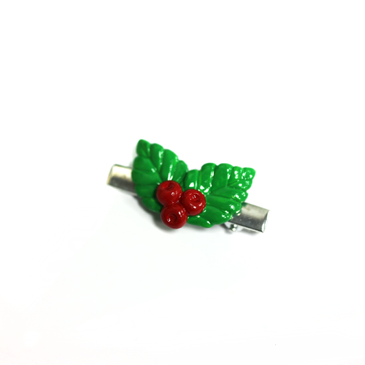 Clay Christmas Hair Clip – Handmade Holly Leaves and Red Berries Alligator Clip