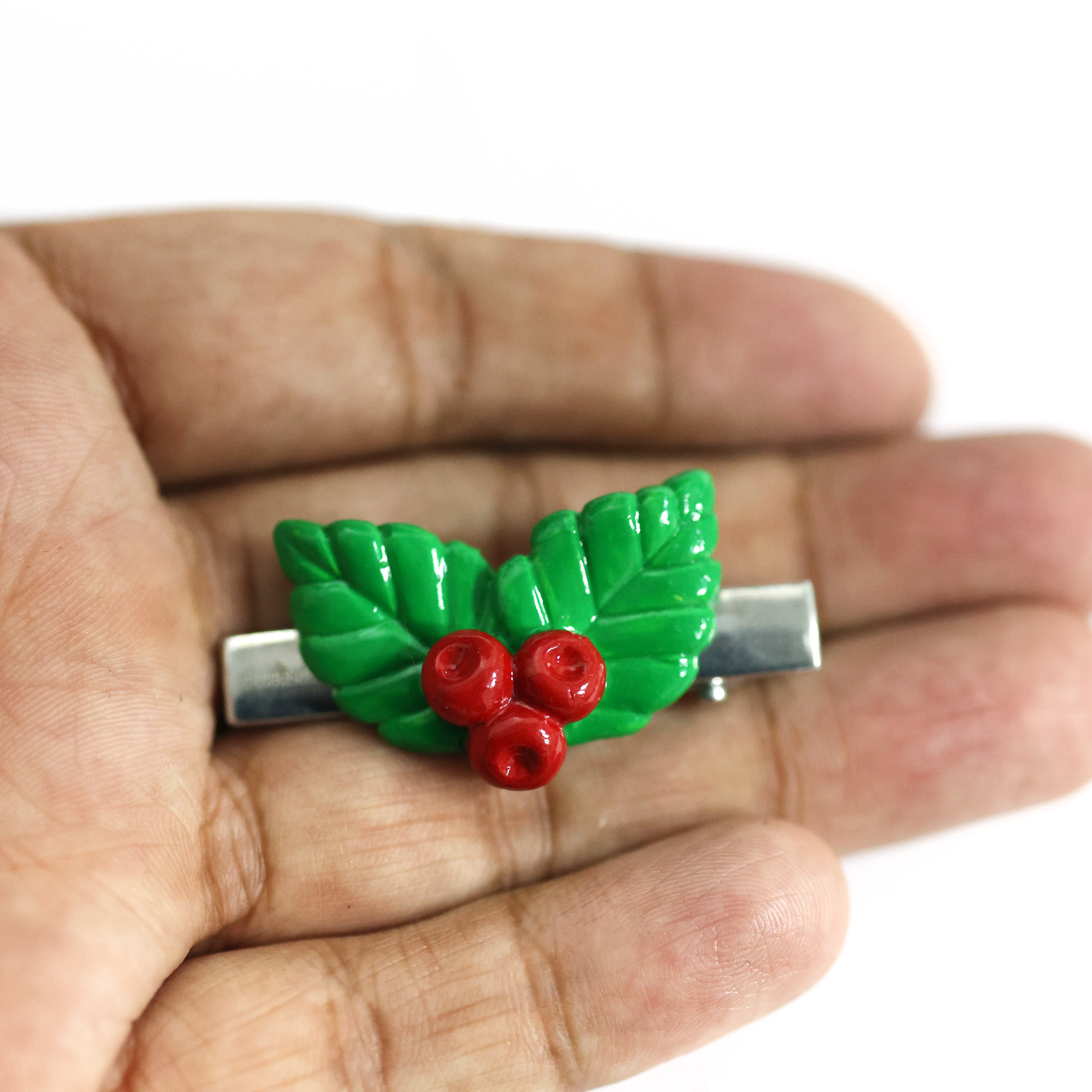 Clay Christmas Hair Clip – Handmade Holly Leaves and Red Berries Alligator Clip