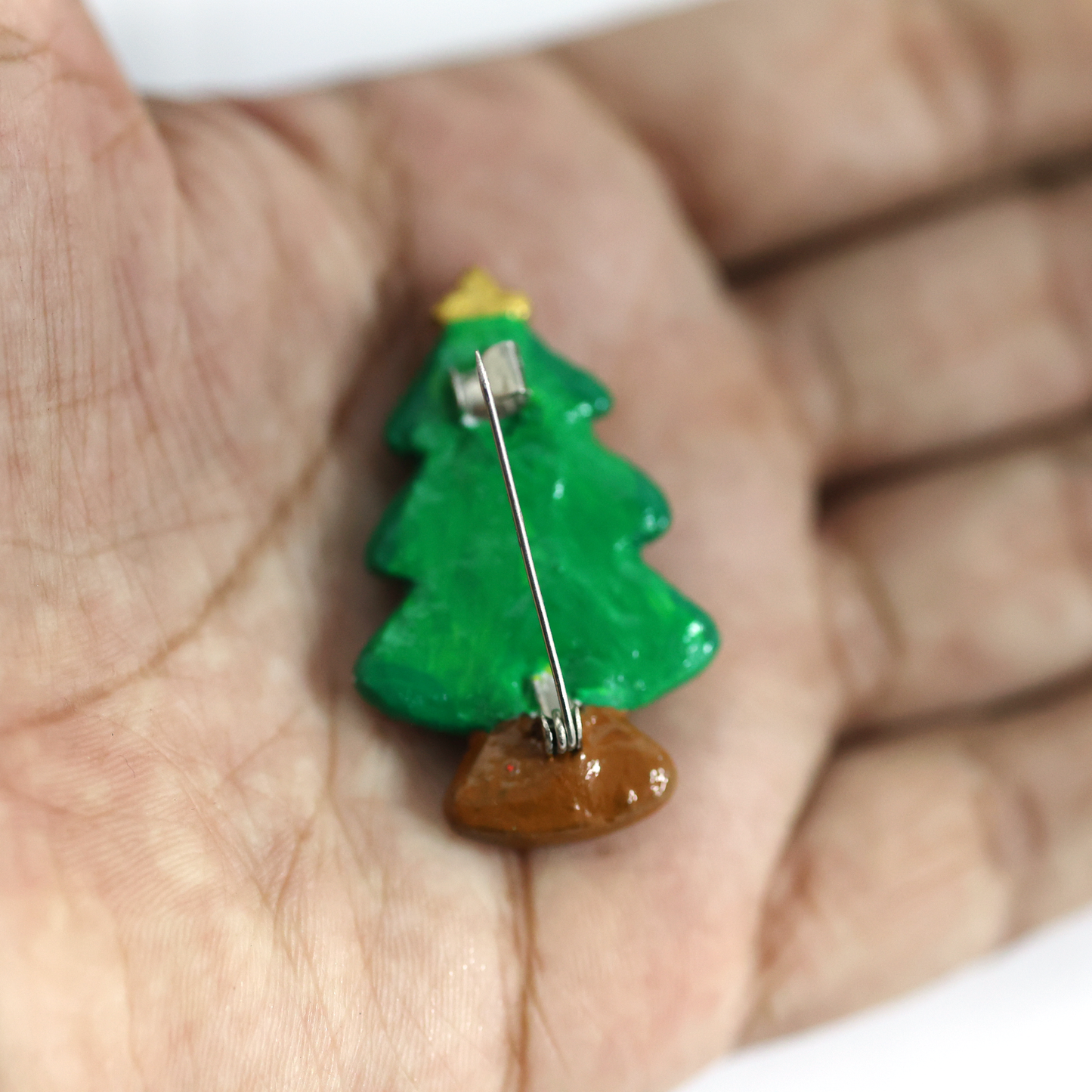 Polymer Clay Christmas Tree Figurine Pin – Handmade Holiday Brooch