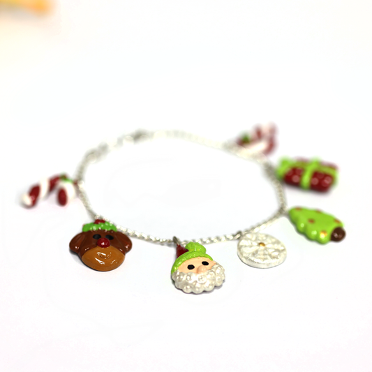 Christmas Charm Bracelet | 8″ Silver Chain with Clay Holiday Charms