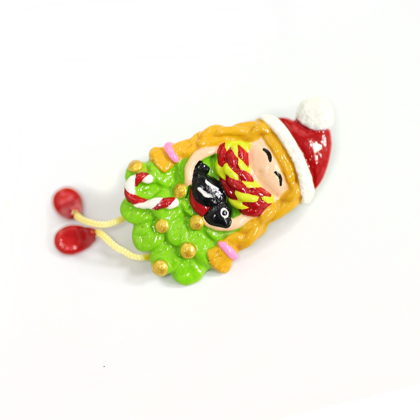 Polymer Clay Elf Girl Brooch – Handmade Christmas Lapel Pin