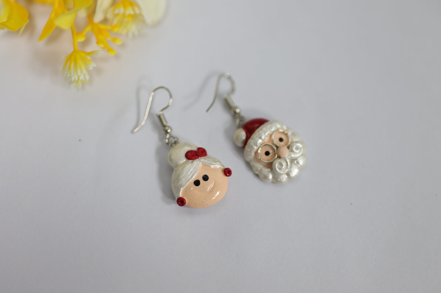 Polymer Clay Christmas Dangle Earrings, Mr and Mrs Santa Claus Design, Festive Jewelry