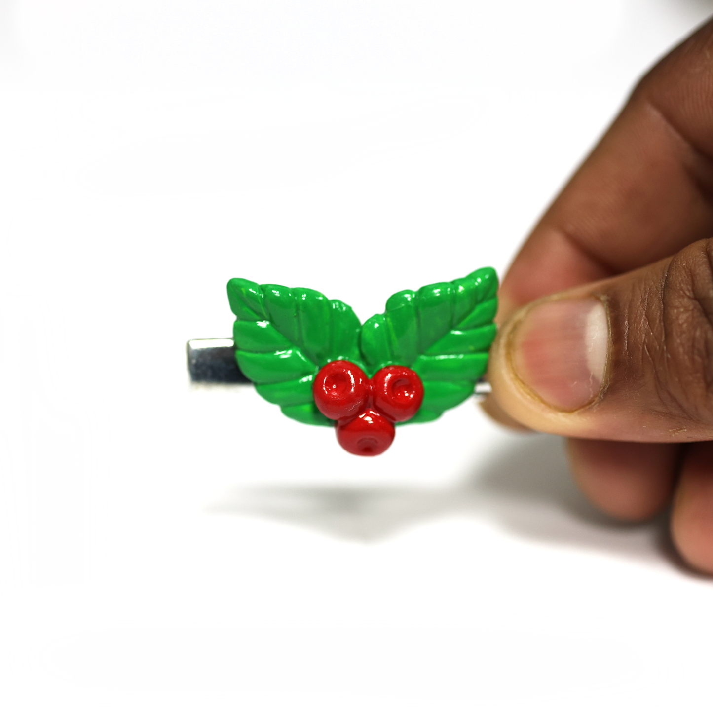 Clay Christmas Hair Clip – Handmade Holly Leaves and Red Berries Alligator Clip