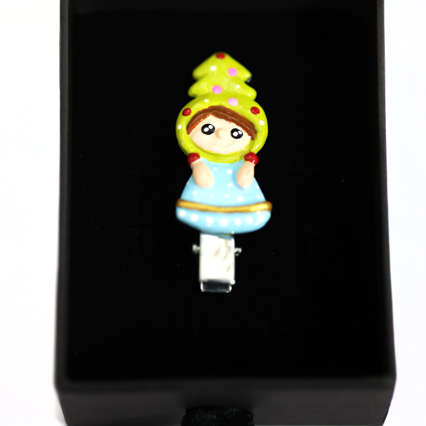 Christmas Girl Pin – Handmade Polymer Clay Figurine with Christmas Tree Hat Brooch