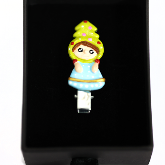 Christmas Girl Pin – Handmade Polymer Clay Figurine with Christmas Tree Hat Brooch