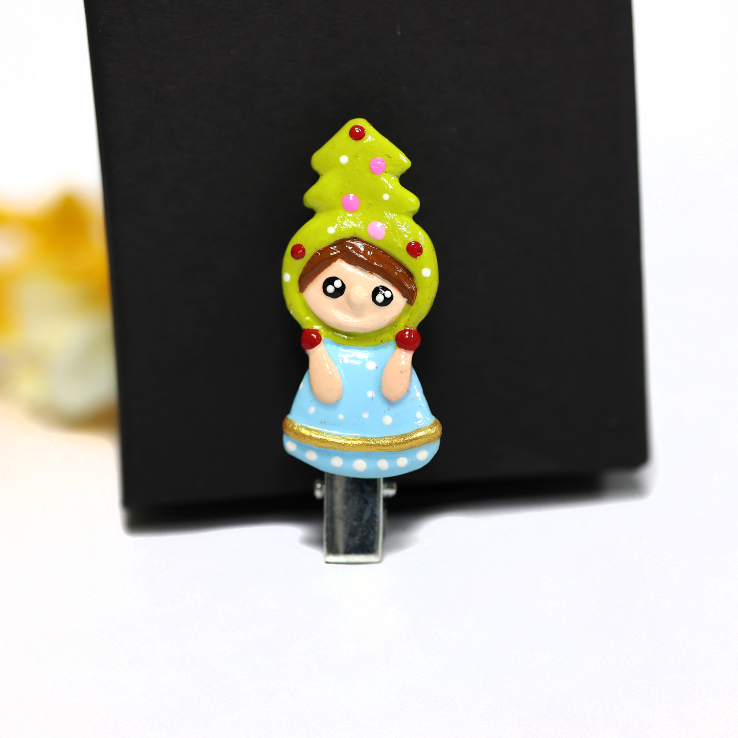 Christmas Girl Pin – Handmade Polymer Clay Figurine with Christmas Tree Hat Brooch