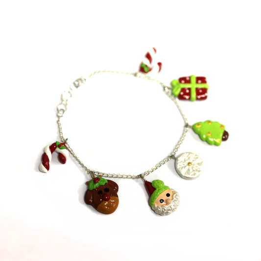 Christmas Charm Bracelet | 8″ Silver Chain with Clay Holiday Charms