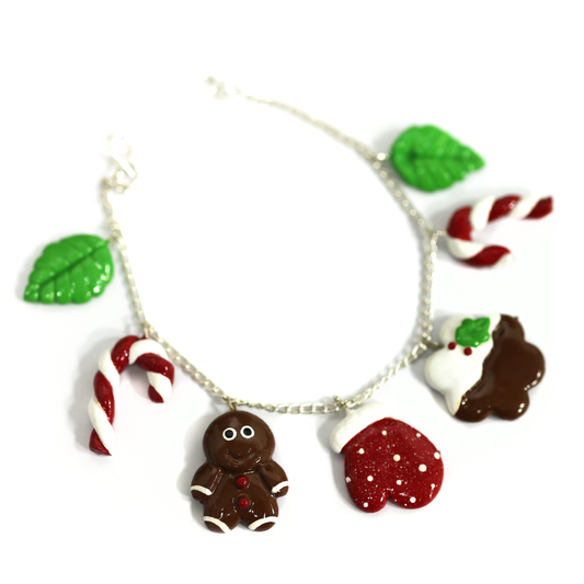 Clay Christmas Charm Bracelet – Handmade 8 Inch Holiday Jewelry Gift for Her