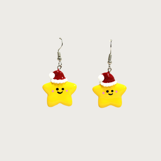 Christmas Star Earrings – Handmade Yellow Star with Santa Hat Dangle Jewelry