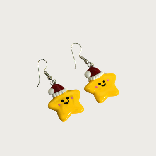 Christmas Star Earrings – Handmade Yellow Star with Santa Hat Dangle Jewelry